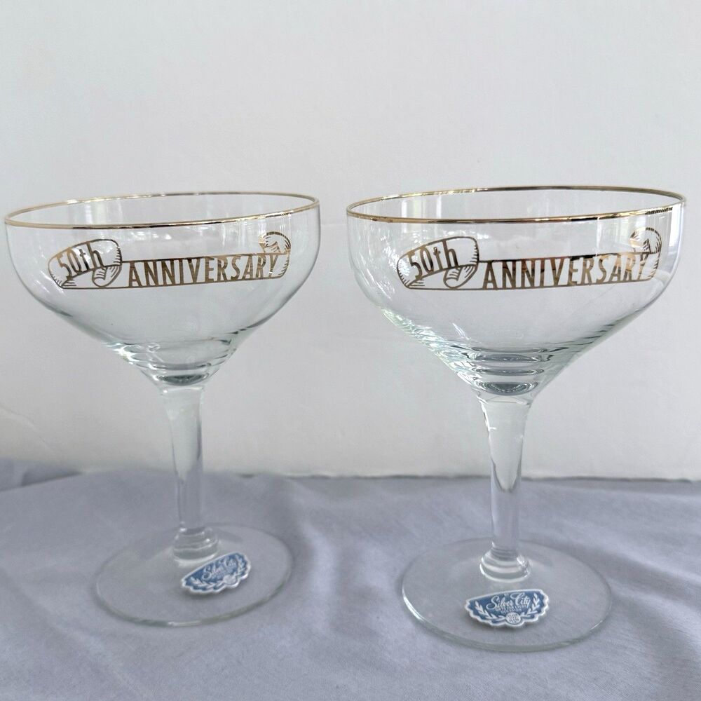 Vintage Silver City 50th Anniversary Champagne Toasting Glasses Set of 2 NEW